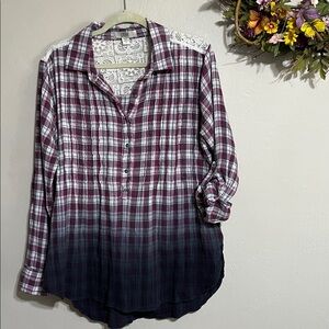 Vintage America Burgundy, Gray and White Plaid Shirt with Lace.